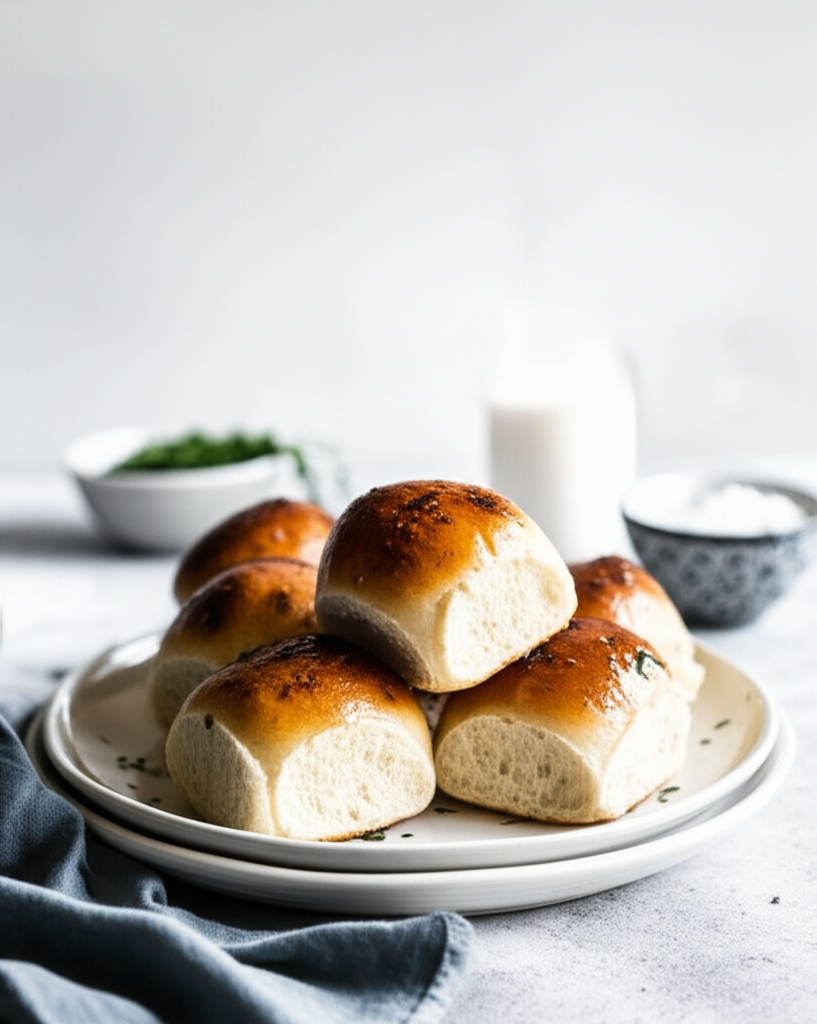 Stack of golden-brown Esther's Rolls on a white plate, garnished with herbs. Milk and bowls in background.
