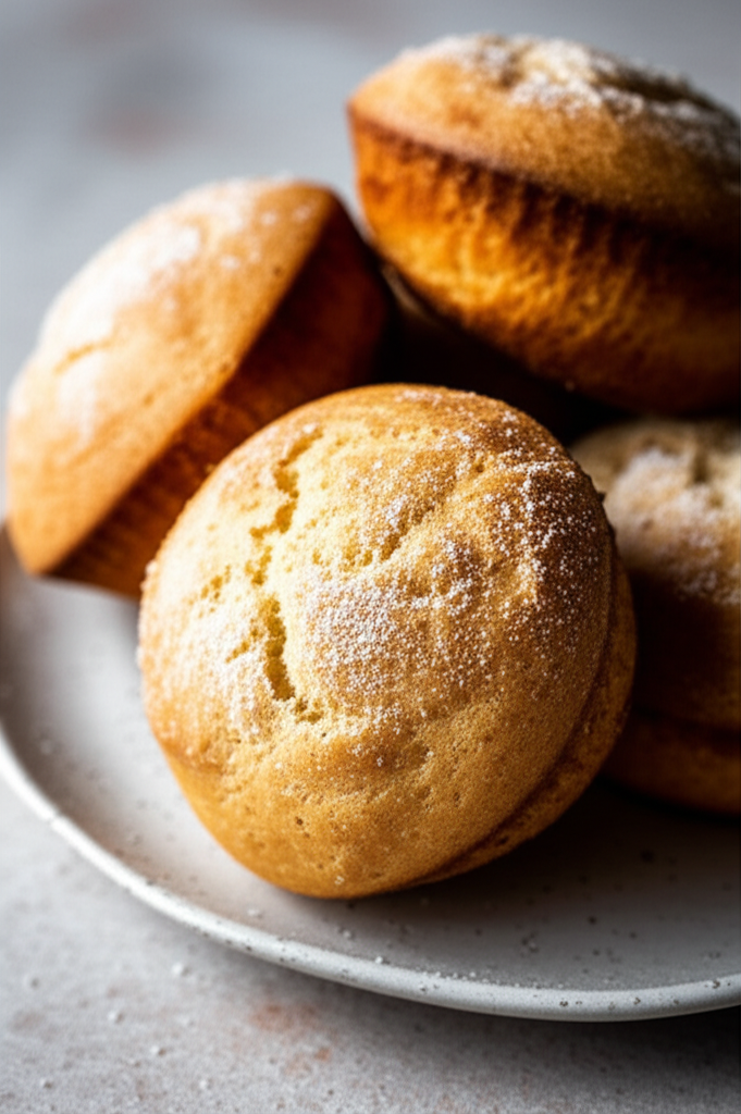 Golden baked rolls dusted with powdered sugar, stacked on a speckled gray plate.