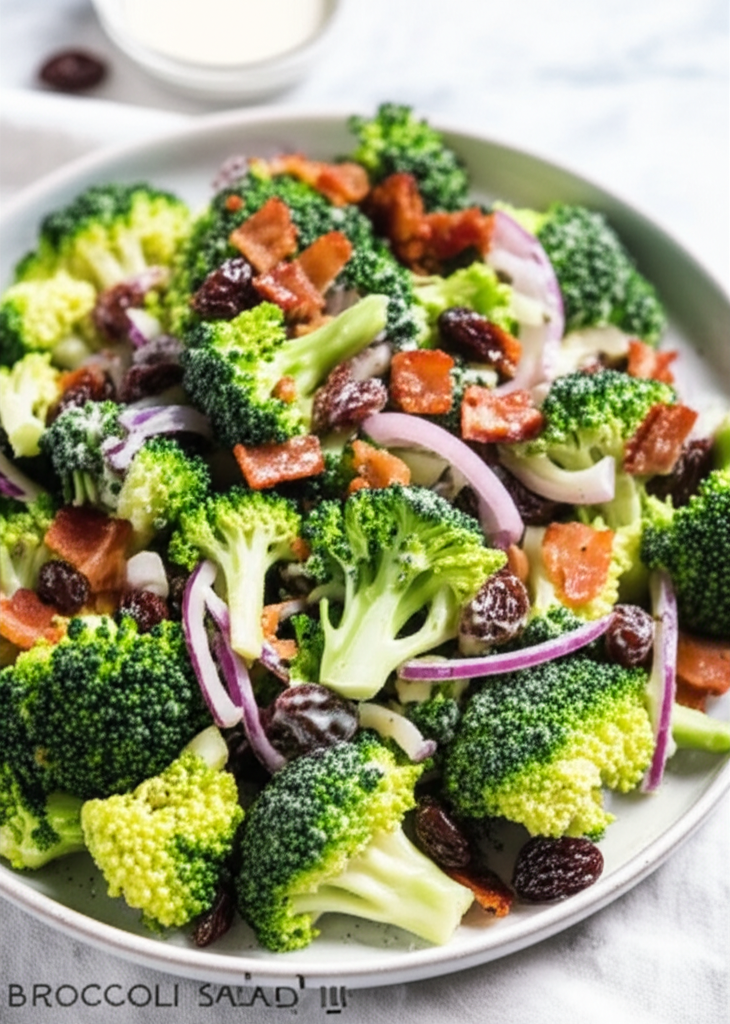 Broccoli salad with bacon, red onion, and raisins on a white plate.