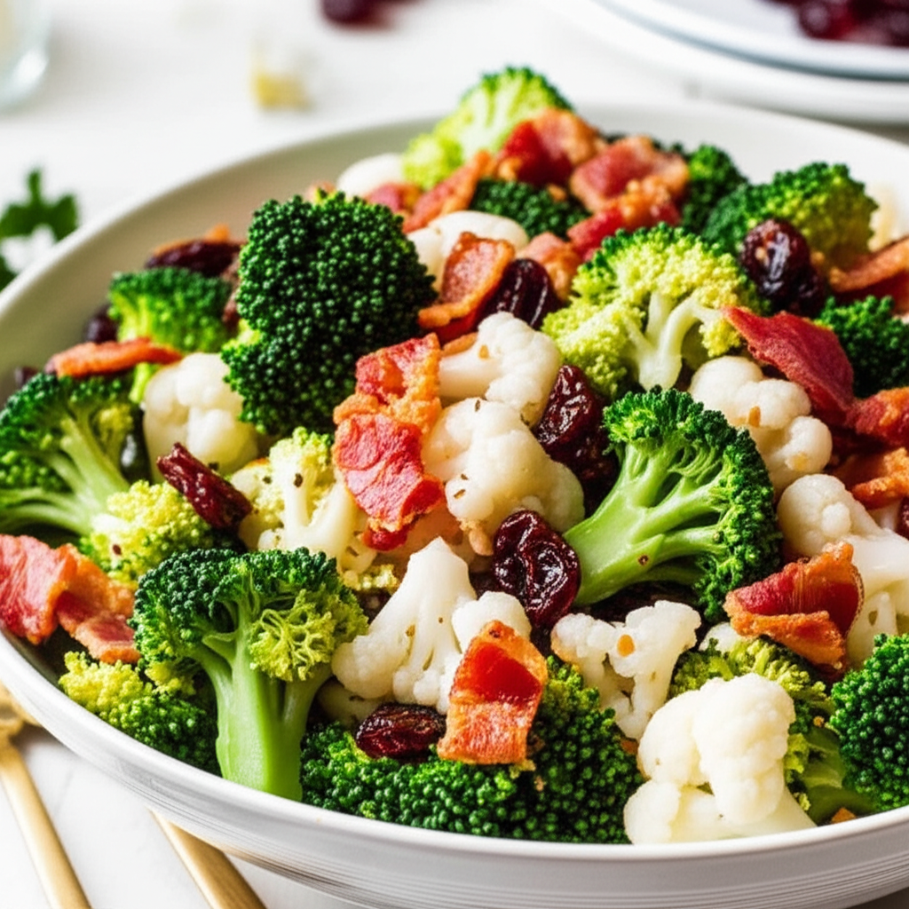 Broccoli and cauliflower salad with crispy bacon and dark raisins in a white bowl.
