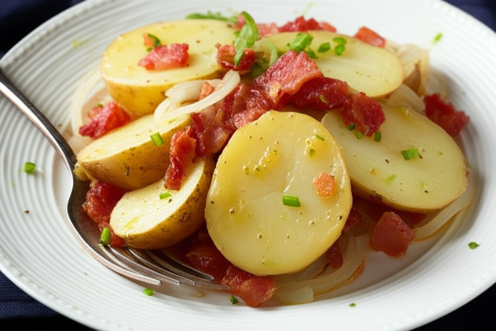 Sliced potatoes with bacon and onions on a white plate, garnished with chives.