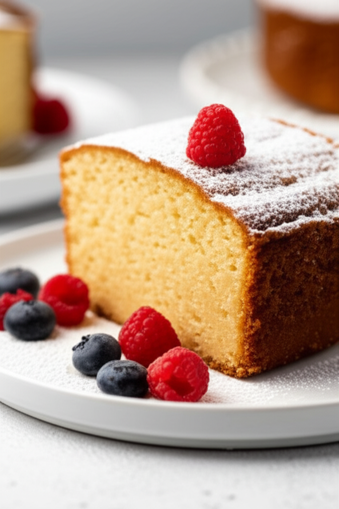Slice of coffee cake dusted with powdered sugar, topped with a raspberry and blueberries on a white plate.