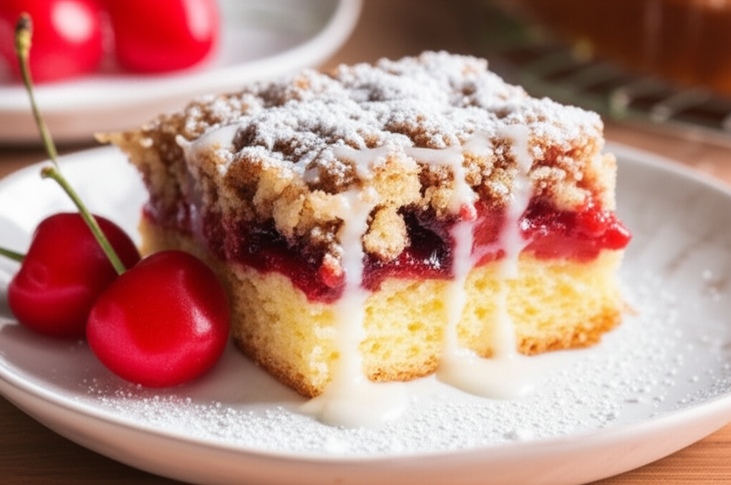 Slice of coffee cake with cherry filling, crumb topping, powdered sugar, and vanilla glaze. Cherries on plate.