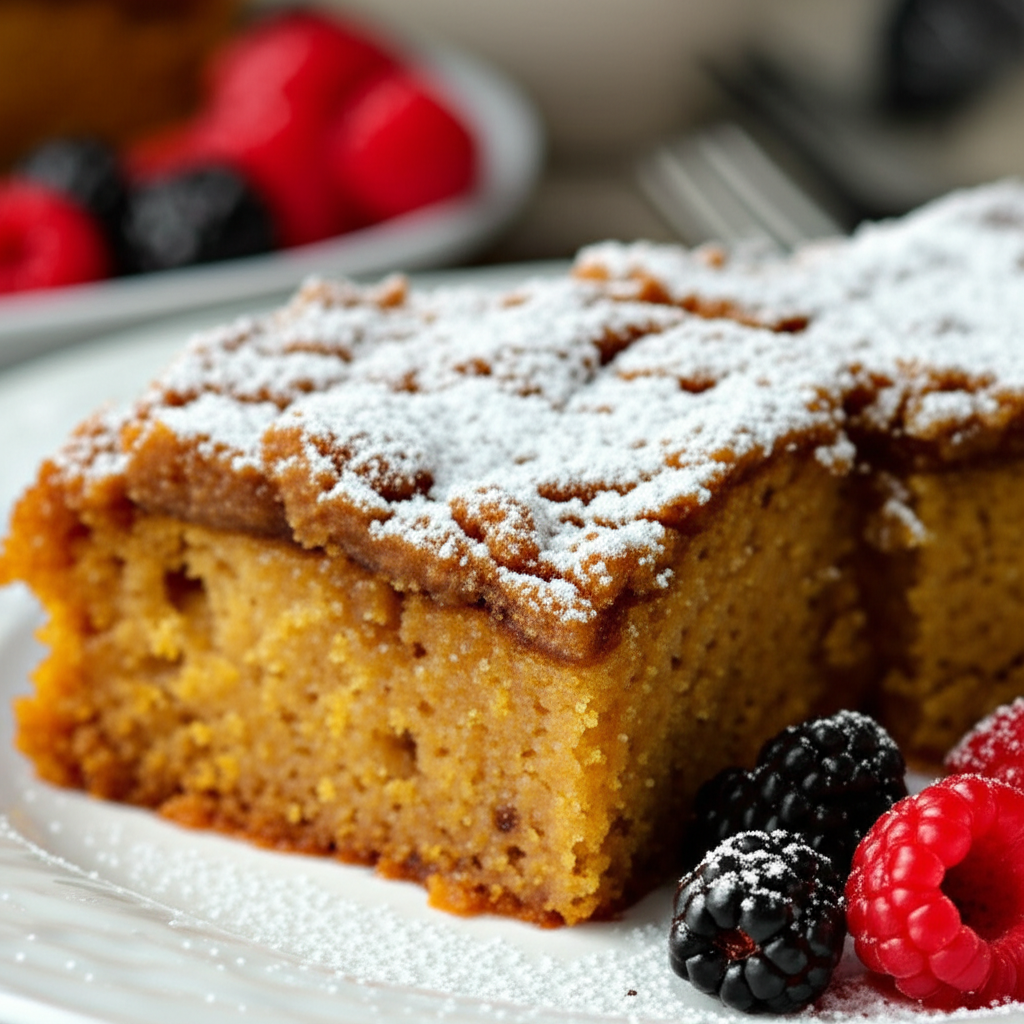 Powdered sugar-dusted coffee cake slice with crumb topping, served with raspberries and blackberries.