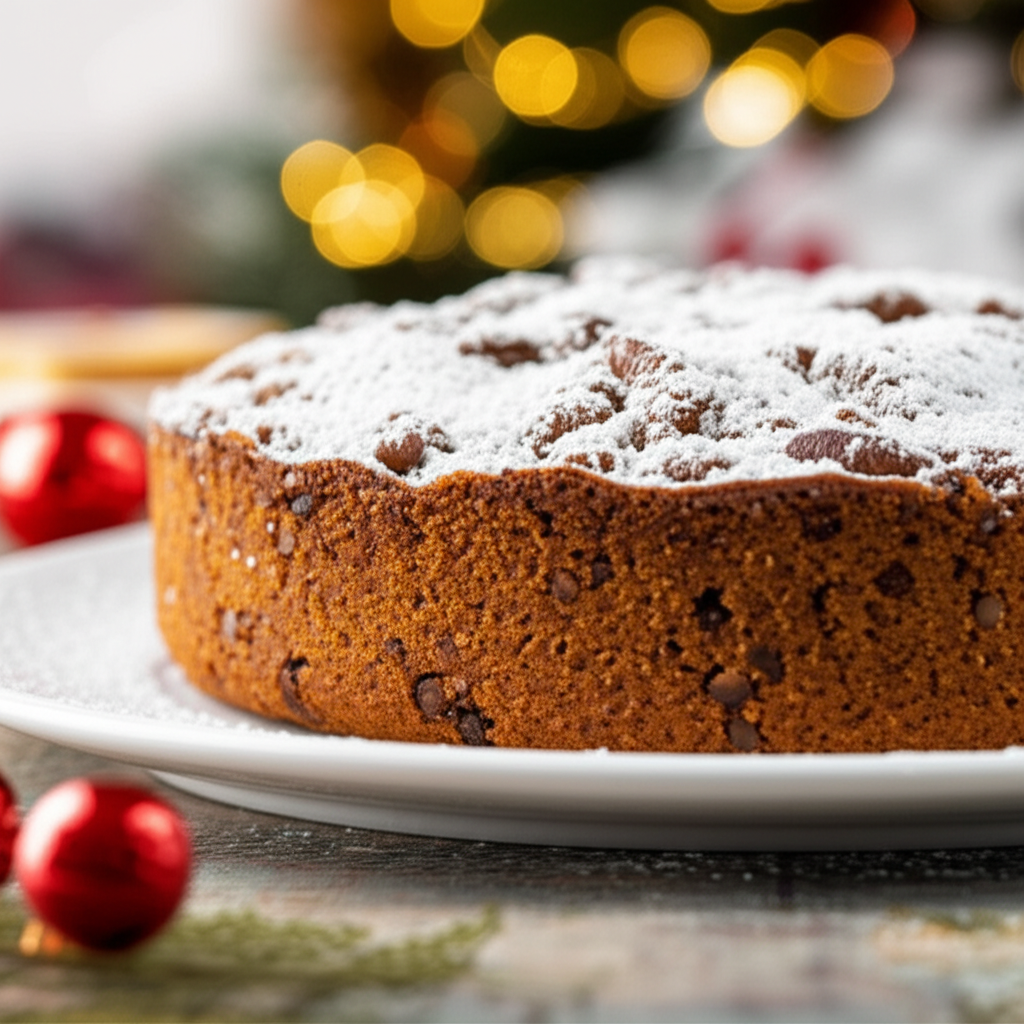 Round coffee cake with chocolate chips, dusted with powdered sugar, on a white plate.
