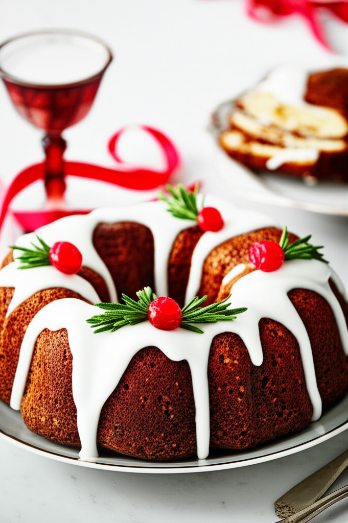 Bundt coffee cake with white glaze, garnished with cranberries and rosemary sprigs.