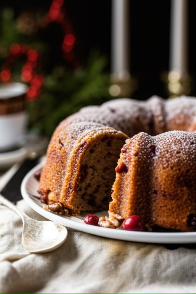 Bundt coffee cake with cranberries, dusted with powdered sugar, served on a white plate.