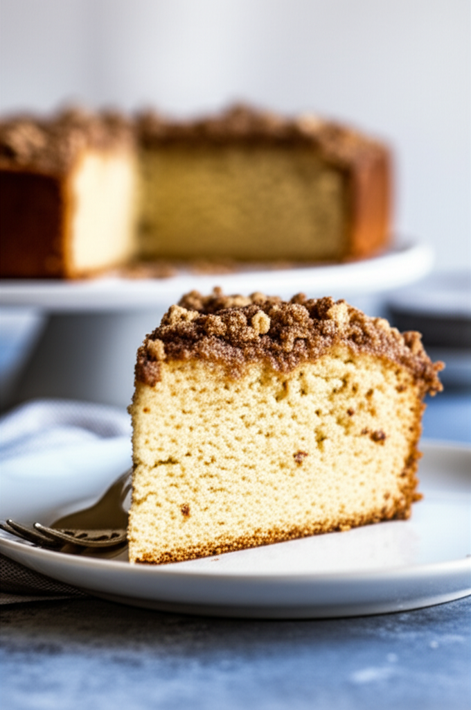 Slice of sour cream coffee cake with crumb topping on a white plate with a fork.