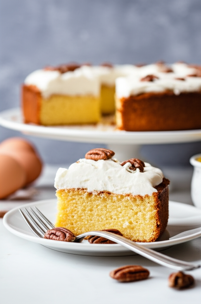 Slice of cream cheese coffee cake with pecans, topped with white frosting, served on a white plate with a fork.