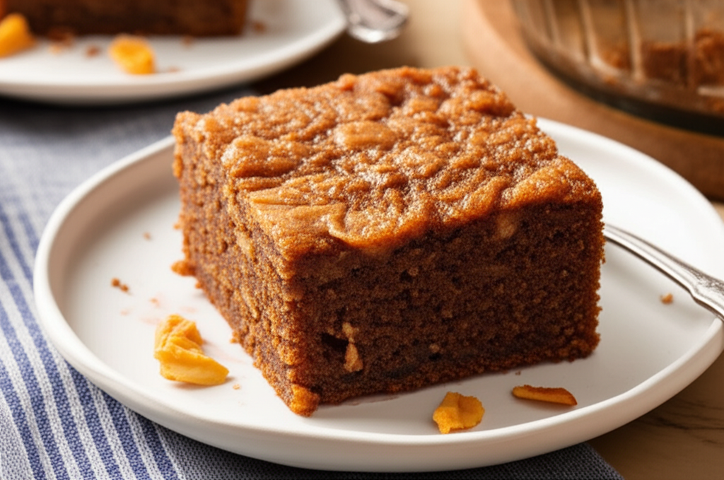 Square slice of Knute Rockne coffee cake on a white plate, showing moist crumb and textured golden-brown topping.
