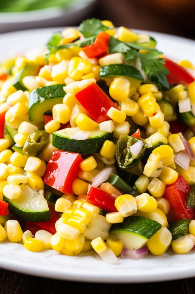 Corn salad with zucchini, red bell pepper, jalapeño, red onion, and cilantro on a white plate.