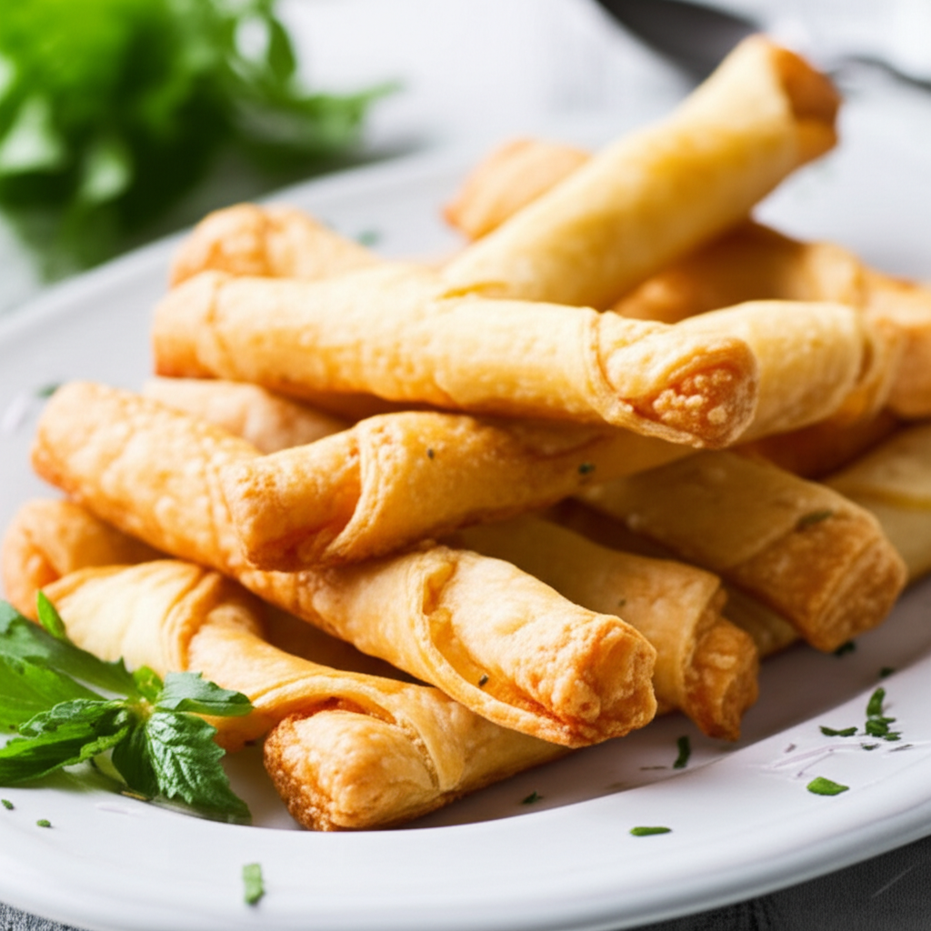Pile of golden-brown, baked cheese straws on a white plate, garnished with fresh mint.