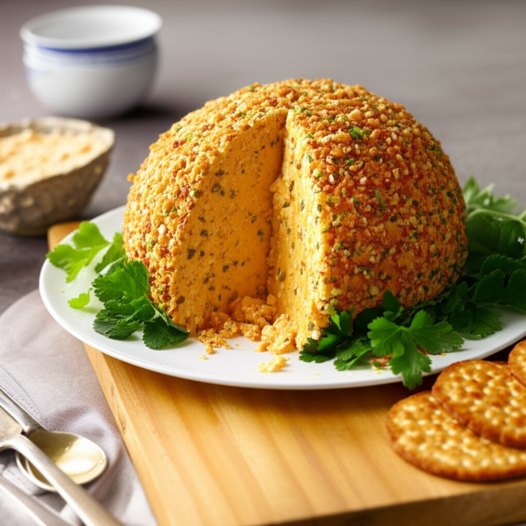 Cheddar cheese ball with a slice cut out, coated in nuts and herbs, served with crackers and parsley.