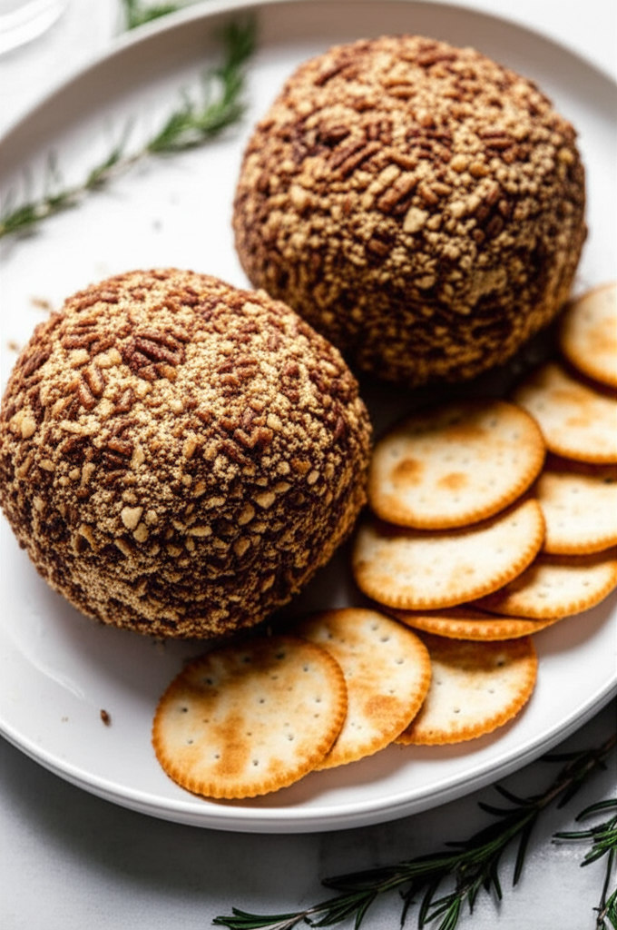 Two cheese balls coated in pecans, served with crackers and rosemary on a white plate.
