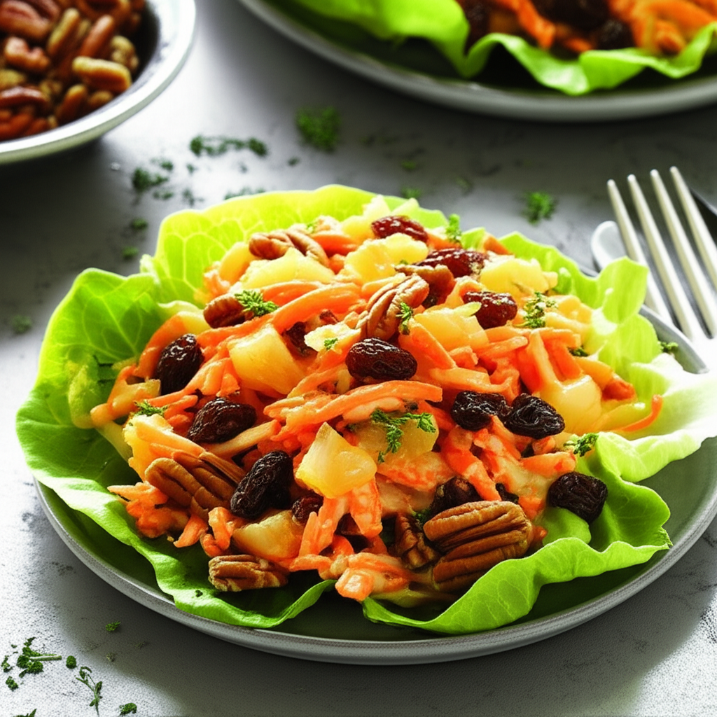 Carrot raisin salad on lettuce cups, with pineapple chunks and pecans, served on a gray plate.