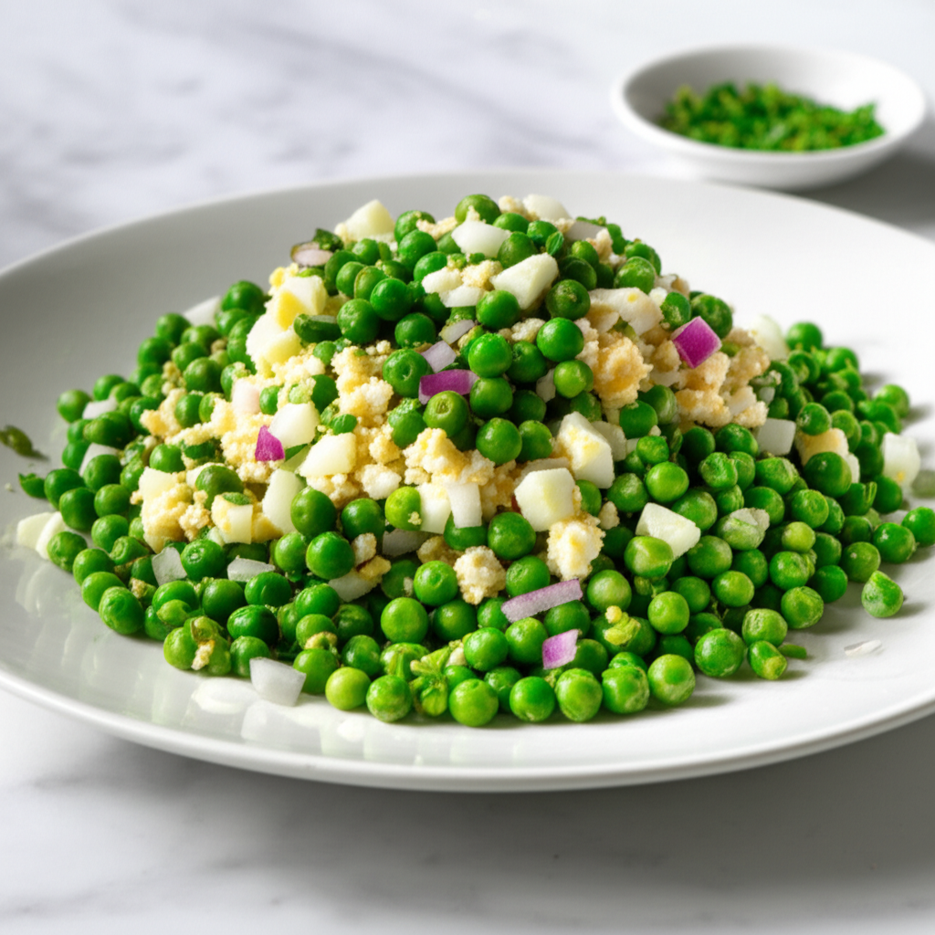 Garden pea salad on a white plate, topped with chopped egg, onion, and celery.