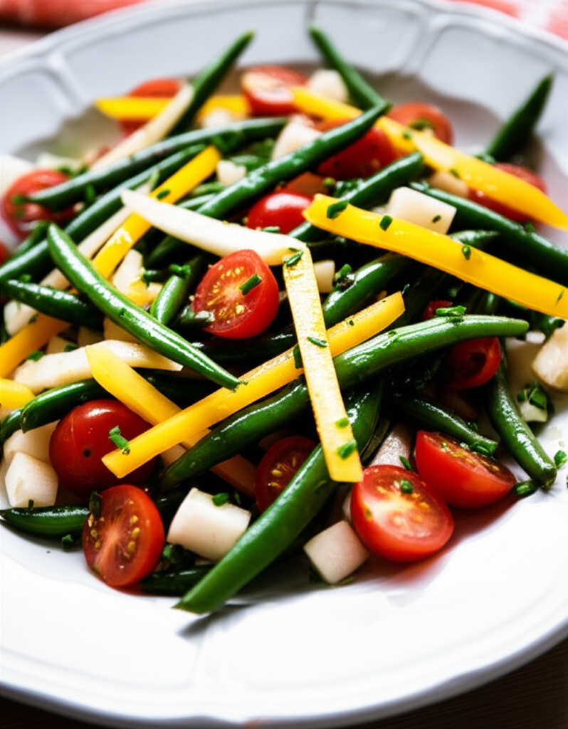 Green bean salad with yellow peppers, jicama, and halved cherry tomatoes on a white plate.