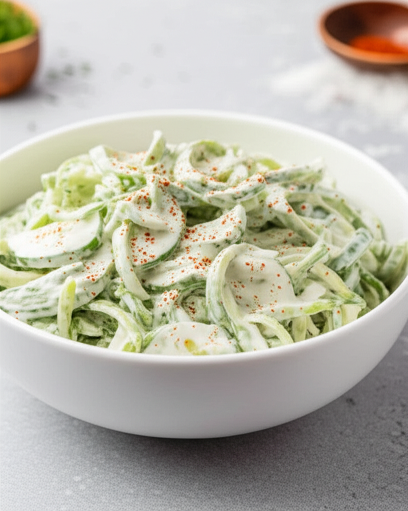 Creamy Hungarian cucumber salad in a white bowl, sprinkled with paprika.
