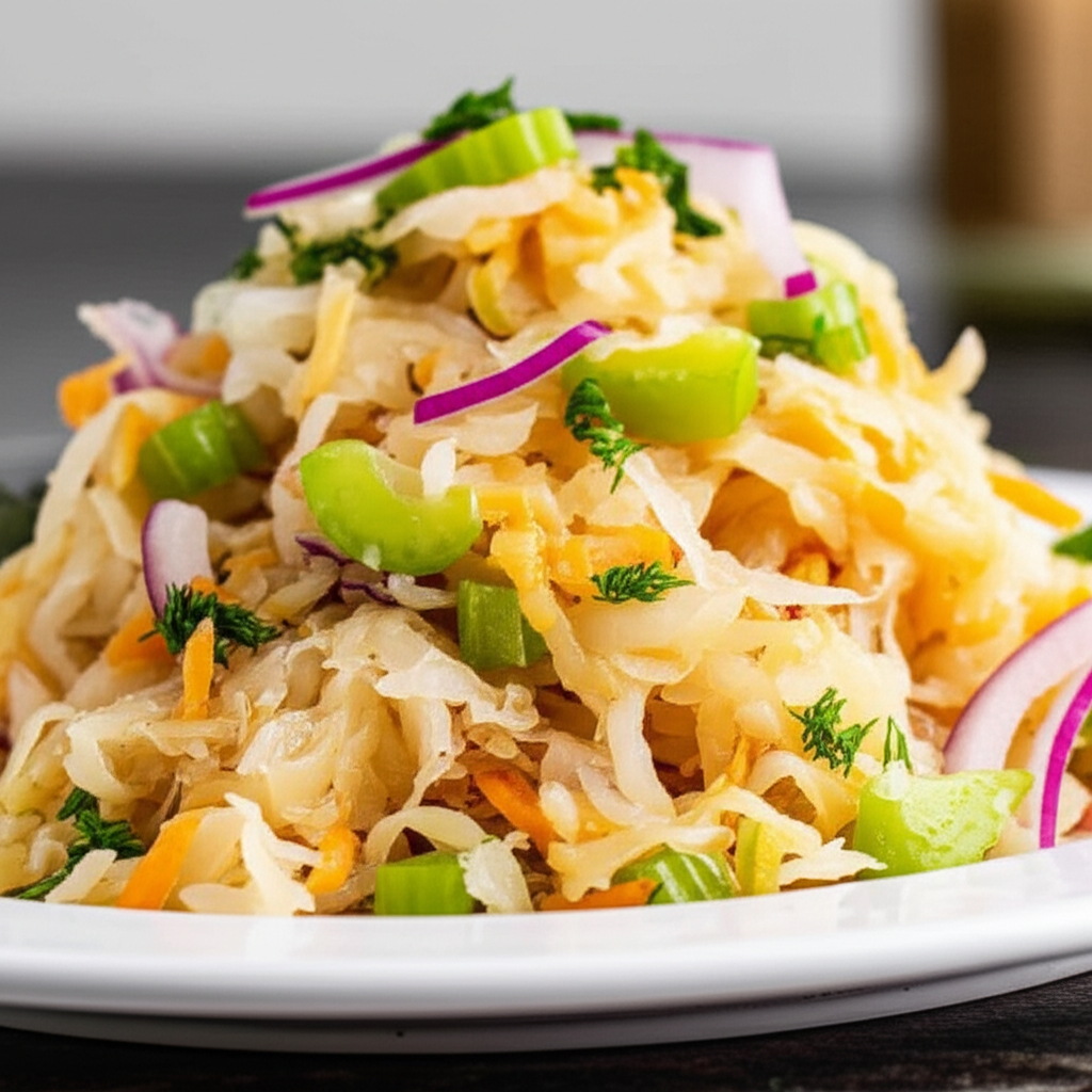 Sauerkraut salad on a white plate, topped with celery, red onion, carrots, and dill.