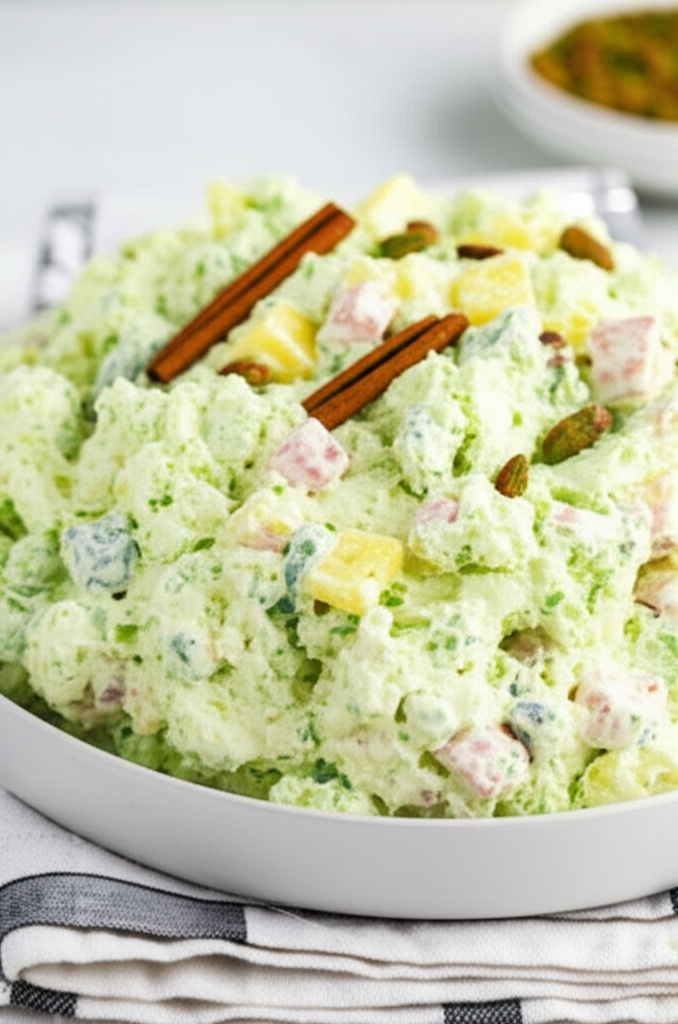 Light green Watergate Salad in a white bowl, garnished with cinnamon sticks and pistachios.