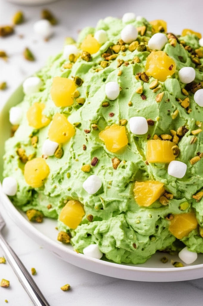 Light green pistachio salad with pineapple chunks, mini marshmallows, and chopped pistachios on a white plate.