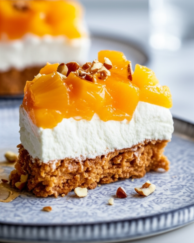 Slice of pretzel salad: pretzel crust, creamy white layer, topped with diced peaches and chopped nuts.