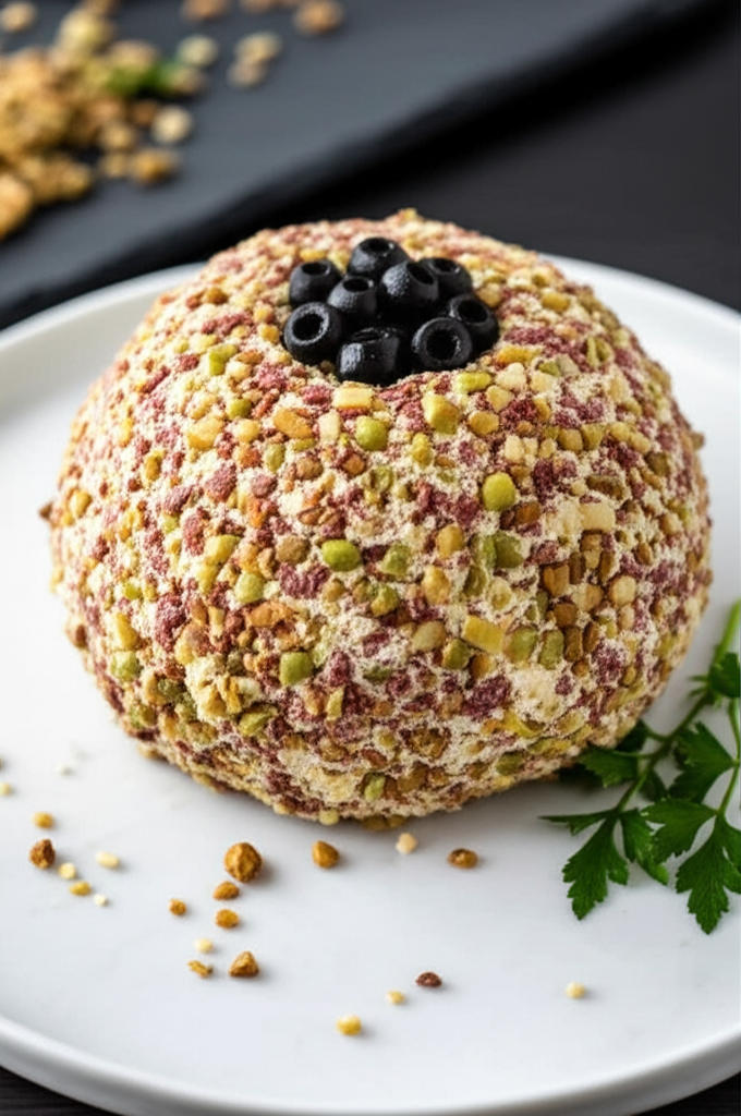 Cheeseball covered in chopped nuts, topped with black olives, on a white plate with parsley garnish.
