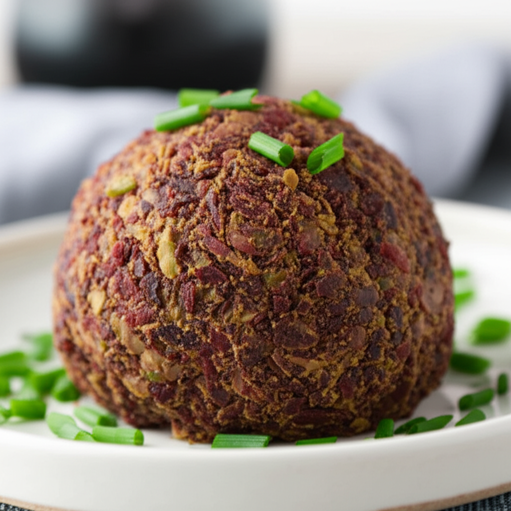 Textured cheese ball coated in nuts and herbs, served on a white plate with chopped chives.