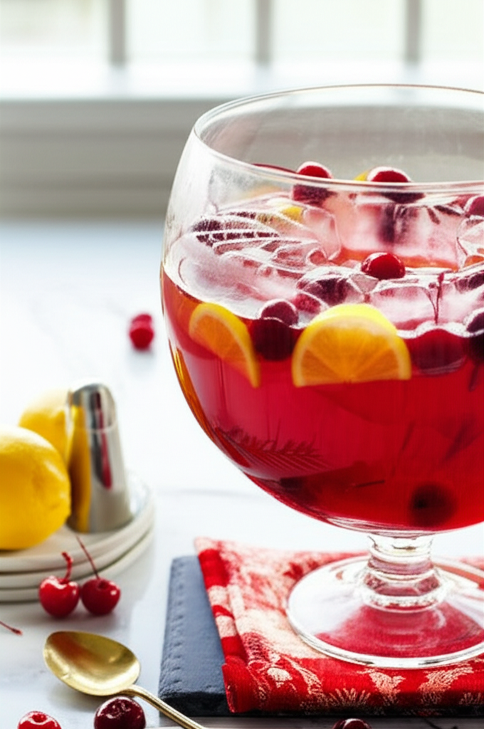 Red holiday punch in a glass bowl with ice, lemon slices, and cranberries.
