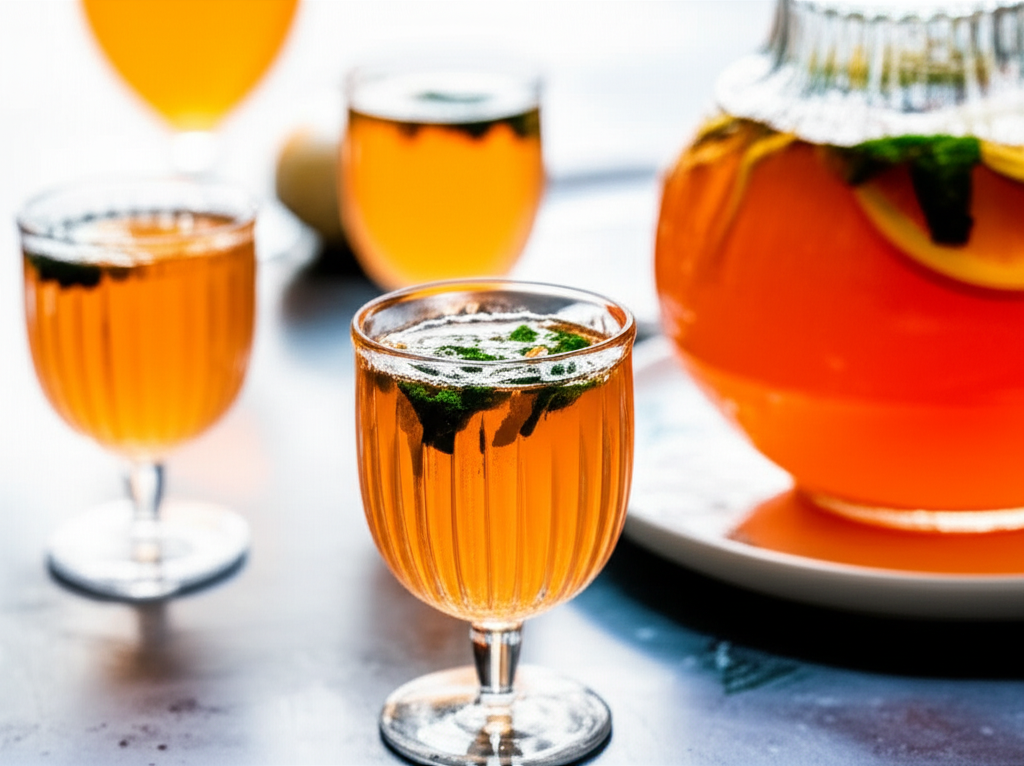 Orange punch in glasses and a pitcher, garnished with mint and citrus.