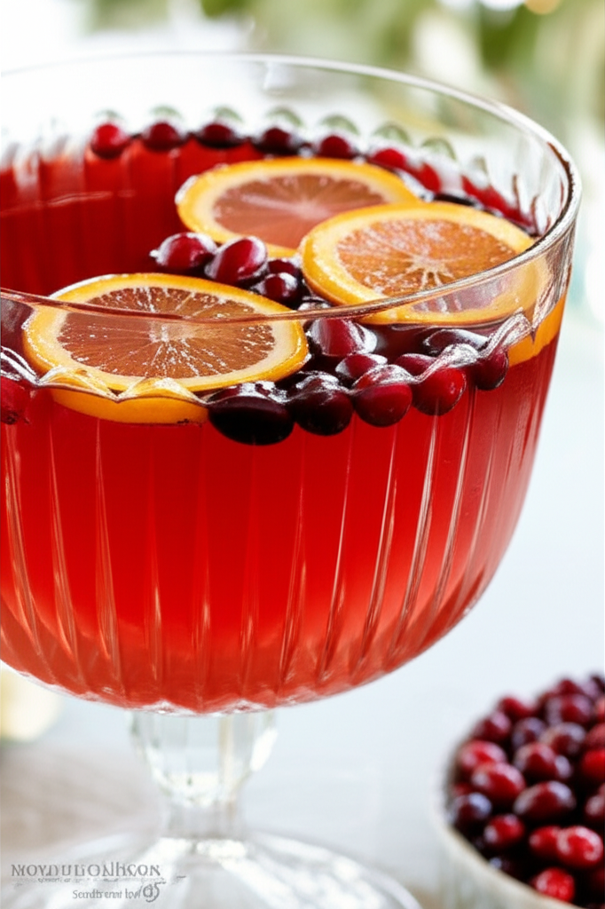 Red cranberry punch in glass bowl, garnished with orange slices and cranberries.