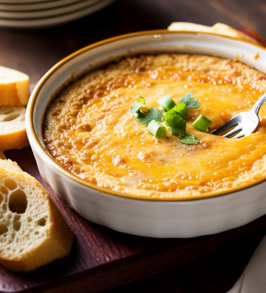 Baked cheese spread in a white dish, garnished with green onions, served with sliced baguette.
