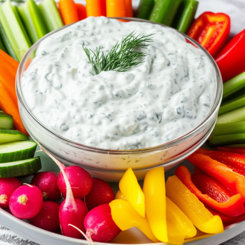 Creamy dill dip in glass bowl, surrounded by sliced carrots, celery, peppers, cucumbers, and radishes.