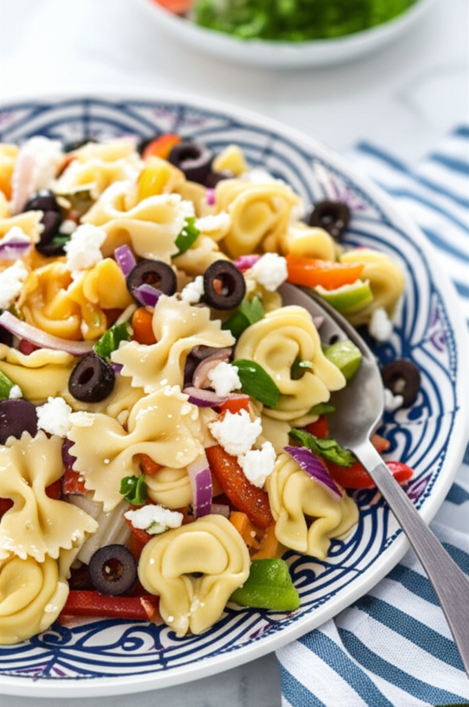 Bow tie and tortellini pasta salad with olives, feta, red onion, and peppers on a blue patterned plate.