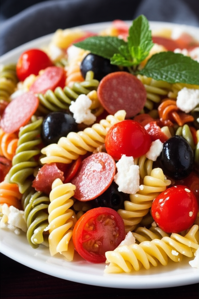 Cold spiral pasta salad with tomatoes, olives, salami, feta, and mint garnish.