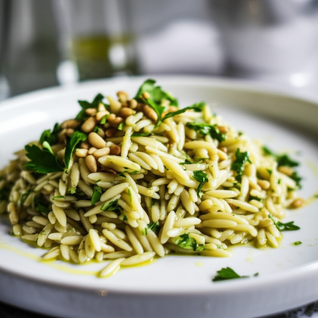 Orzo pasta salad with parsley and toasted pine nuts, served on a white plate.