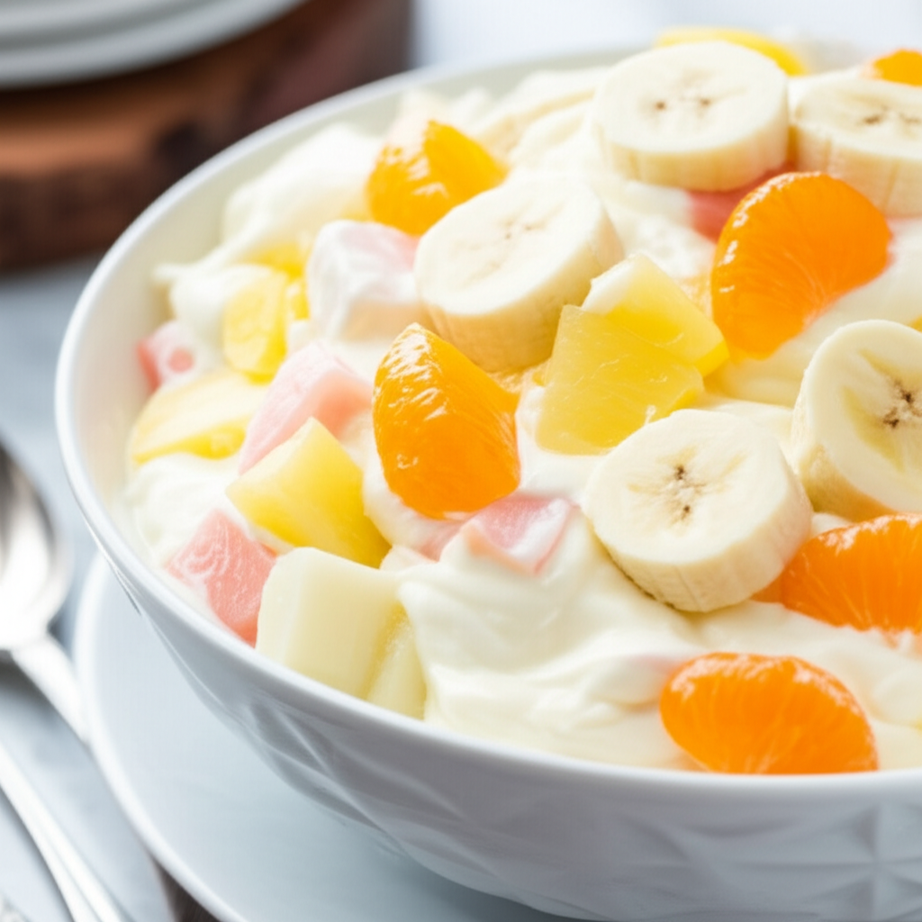 Fruit salad in white bowl: bananas, mandarin oranges, pineapple, melon, and creamy dressing.