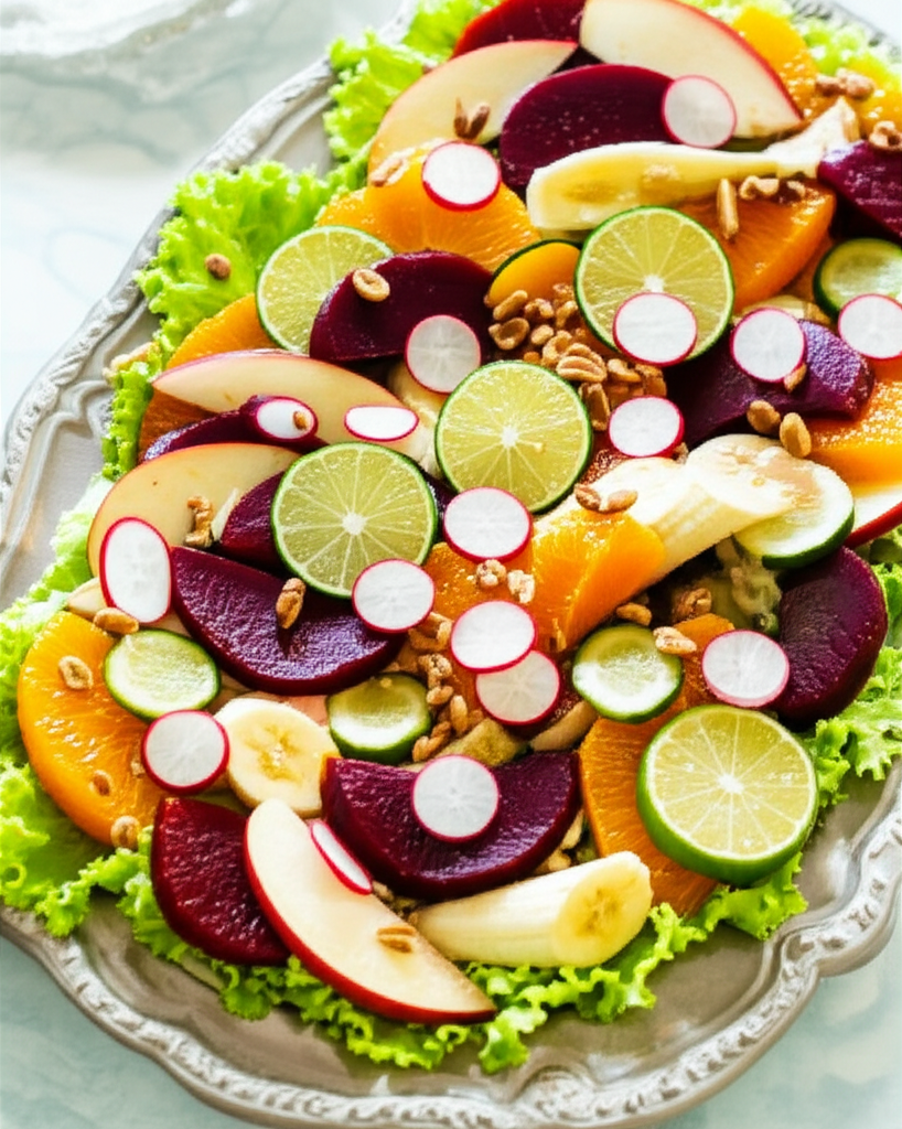 Festive salad with oranges, beets, apples, bananas, limes, radishes, and nuts on a lettuce-lined silver platter.