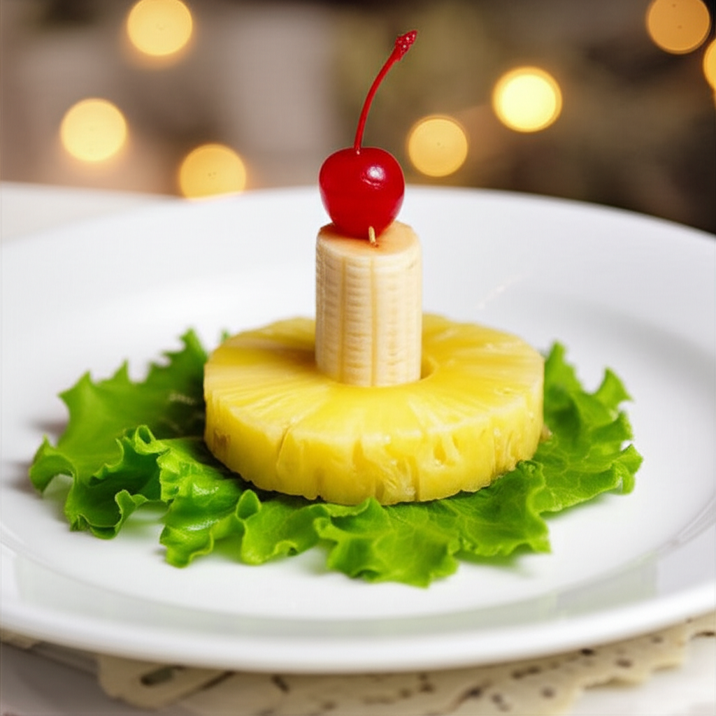 Christmas Candle Salad: Pineapple ring on lettuce, topped with banana slice and maraschino cherry.
