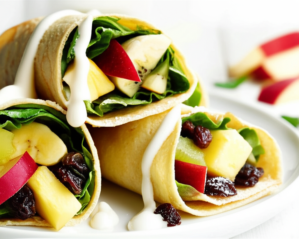 Fruit salad wraps with lettuce, apple, banana, kiwi, pineapple, raisins, and a creamy white drizzle.