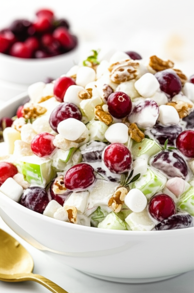 Cranberry Waldorf salad in a white bowl: red cranberries, green apples, grapes, marshmallows, and walnuts in a creamy dressing.