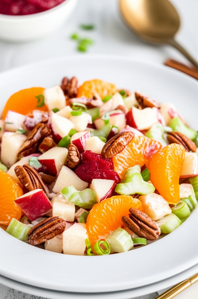Waldorf salad on white plate: diced apples, oranges, celery, pecans, and beets, garnished with green onions.