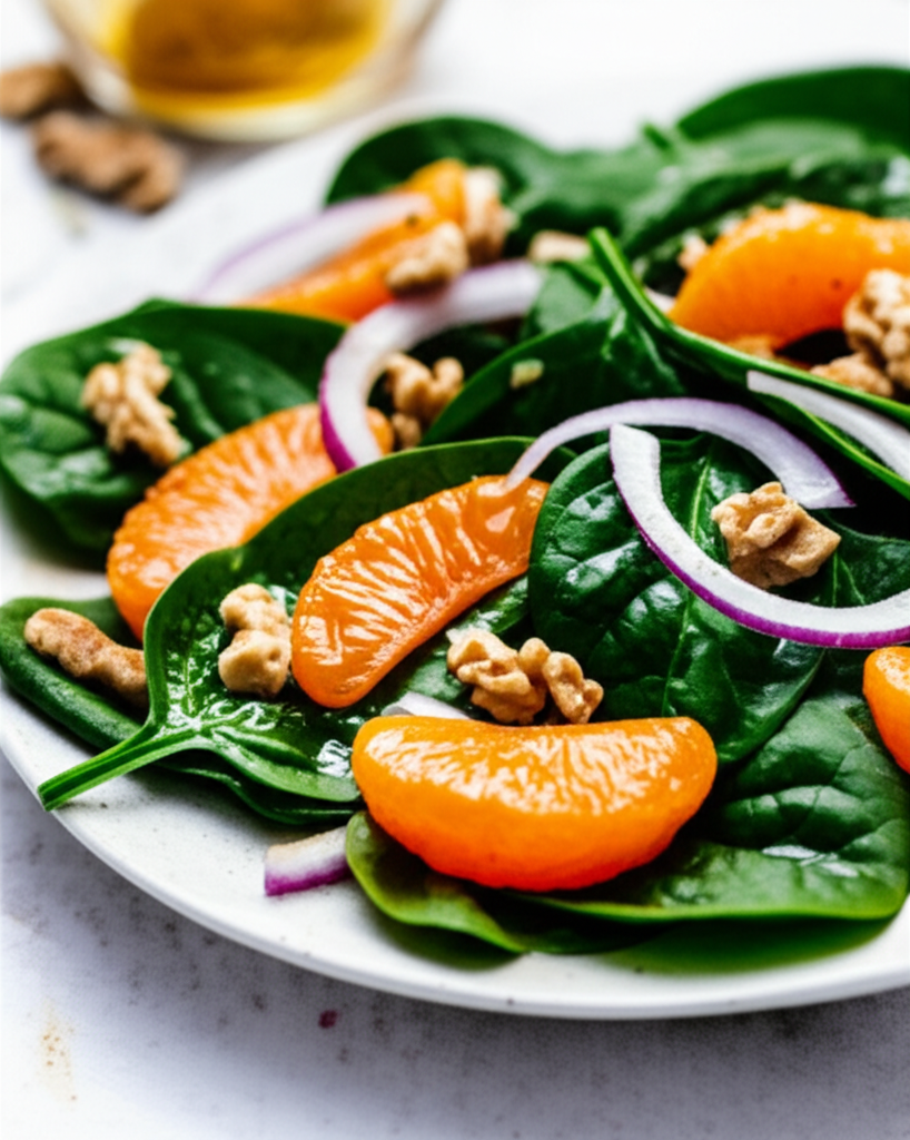 Mandarin salad: spinach, mandarin orange segments, red onion rings, and walnuts on a white plate.