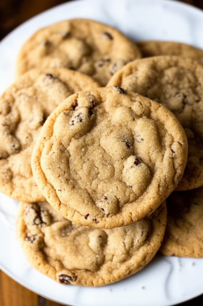 Pile of baked, golden-brown sugar cookies with dark chocolate chips on a white plate.
