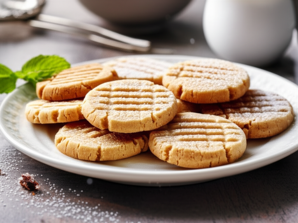 Plate of golden-brown drop cookies with fork marks, dusted with powdered sugar.