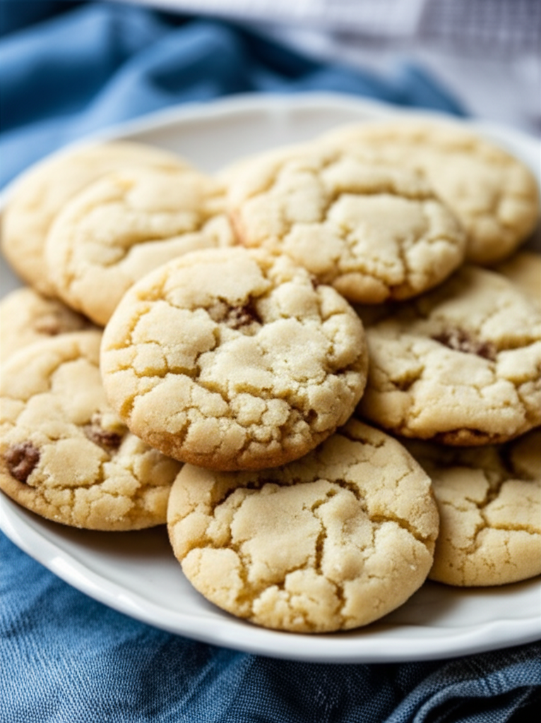 Pile of baked sugar cookies on a white plate, with cracked tops and golden edges.