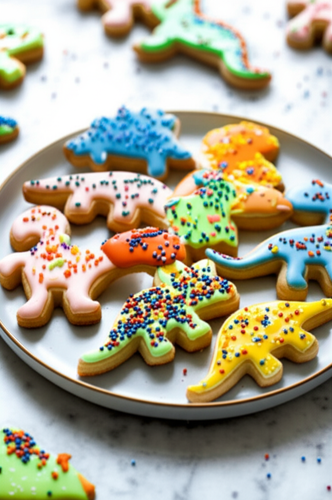 Dinosaur-shaped sugar cookies on a plate, decorated with colorful icing and sprinkles.