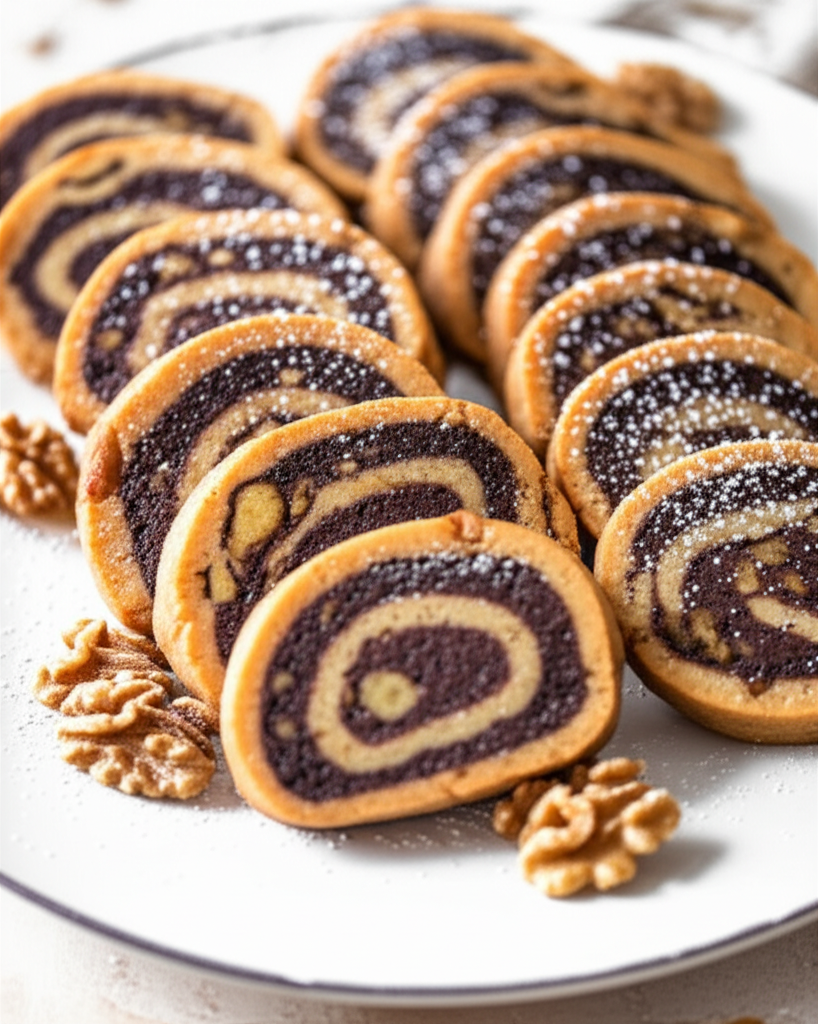 Sliced Dutch refrigerator cookies on a white plate, dusted with powdered sugar, and garnished with walnuts.