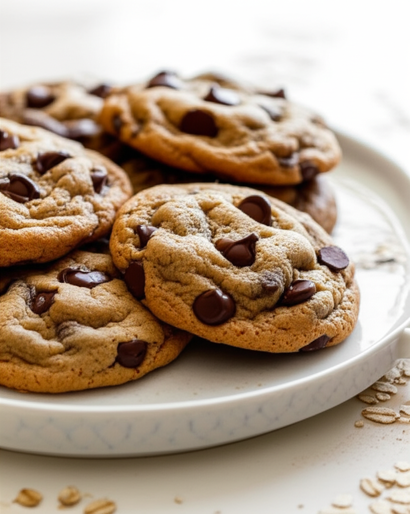 Pile of baked chocolate chip cookies on a white plate, with scattered oats.