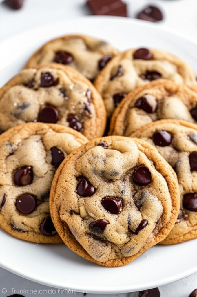 Pile of baked chocolate chip cookies on a white plate.